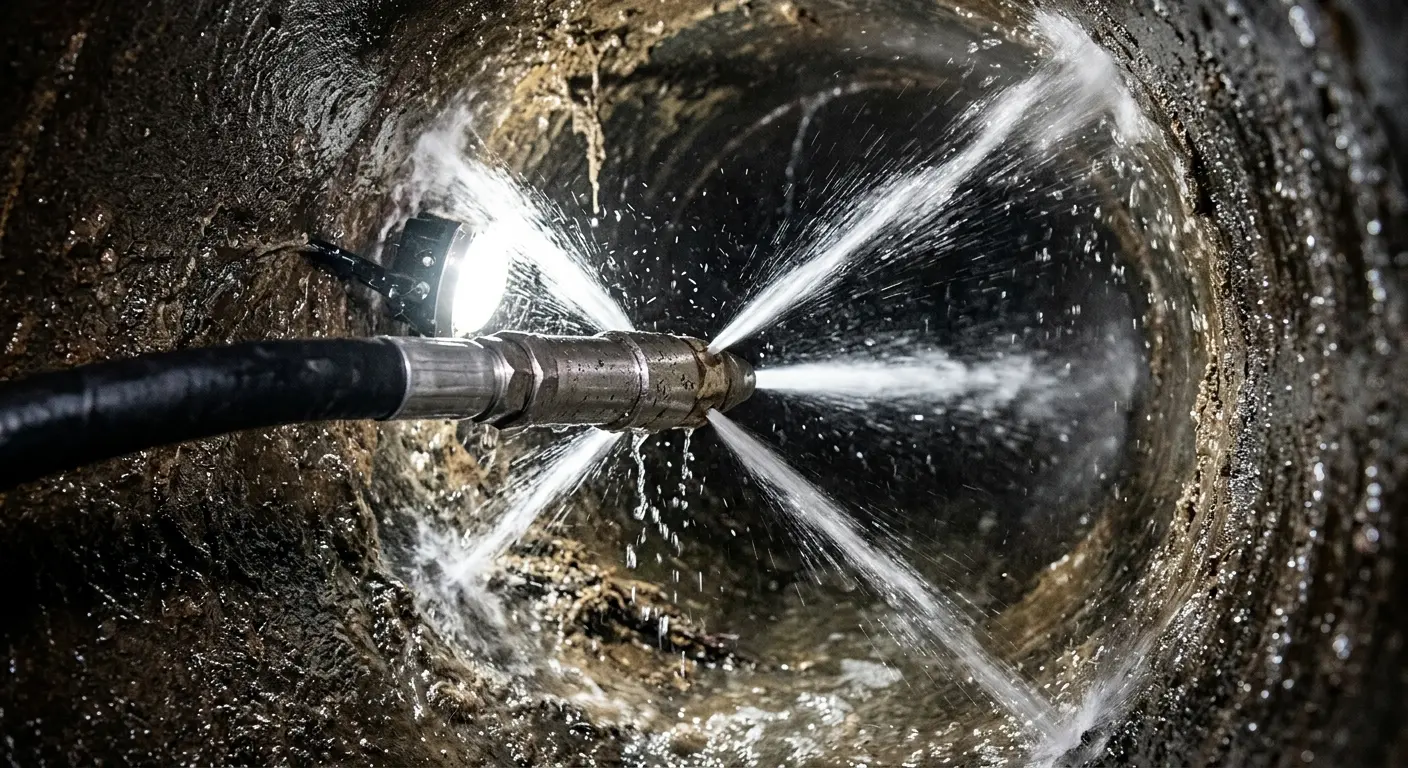 High-pressure hydro jetting nozzle cleaning sewer pipe for Trenchless Sewer Repair in Blackman