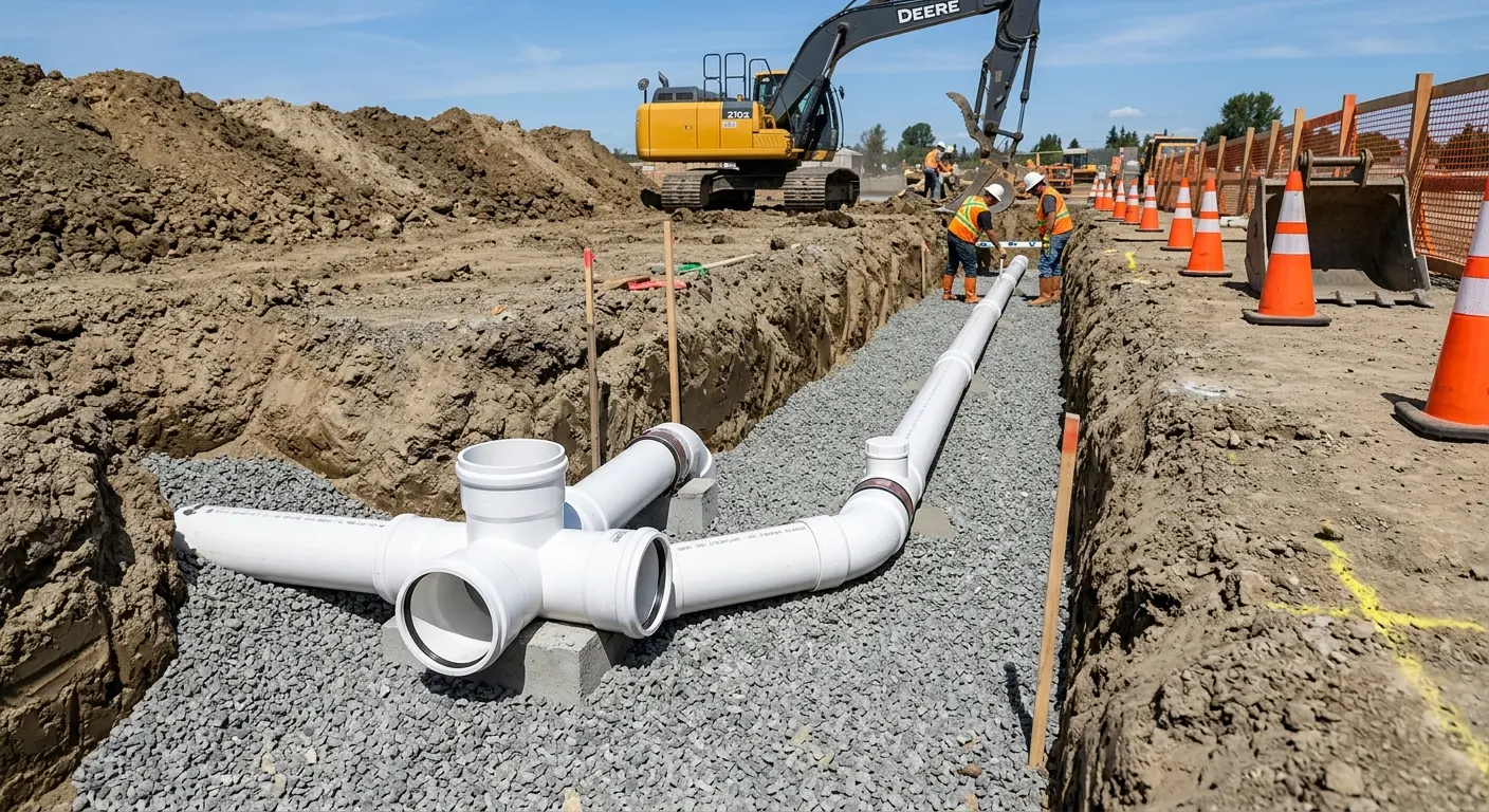 New PVC sewer pipe installation in open trench for Commercial Drain Cleaning in Blackman
