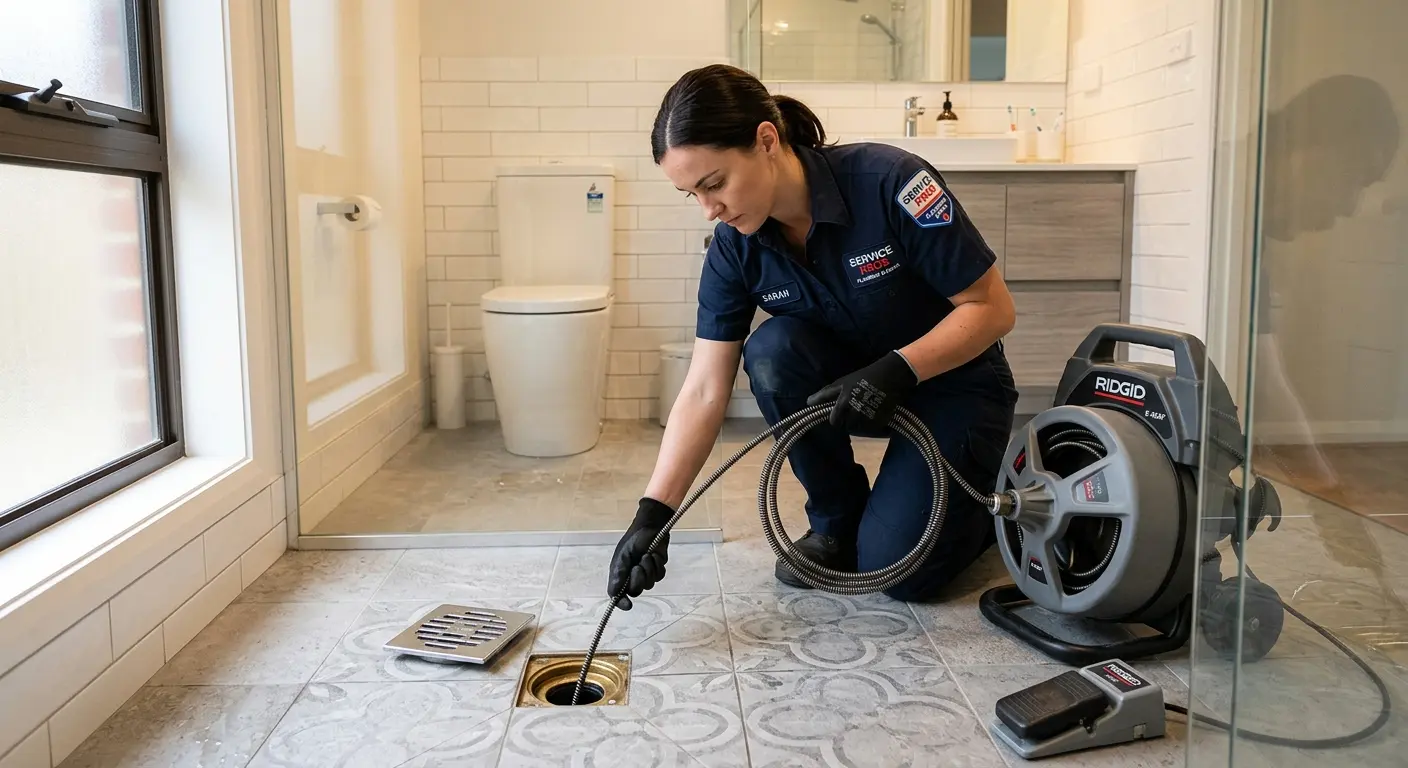 Technician clearing a bathroom floor drain for Drain Repair in Blackman